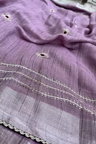 Lavender Embroidery Thread And Beats Work Design Fabric Soft Linen Saree With Unstitched Blouse