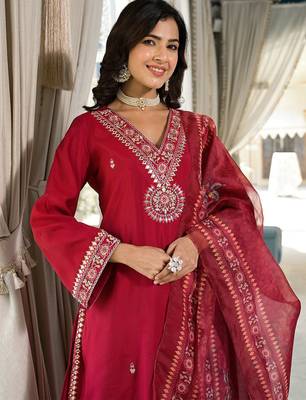 Ethnic Motifs Zari Embroidered Mirror Work Straight Kurta With Trousers & Dupatta 2