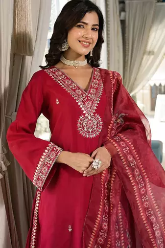 Ethnic Motifs Zari Embroidered Mirror Work Straight Kurta With Trousers & Dupatta