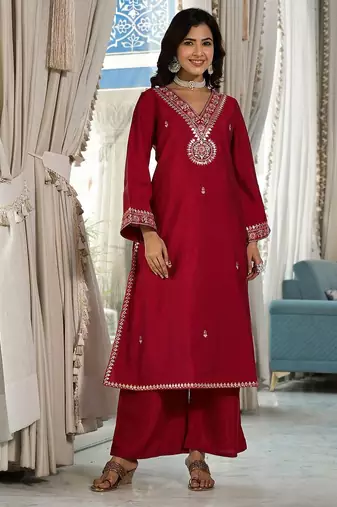 Ethnic Motifs Zari Embroidered Mirror Work Straight Kurta With Trousers & Dupatta