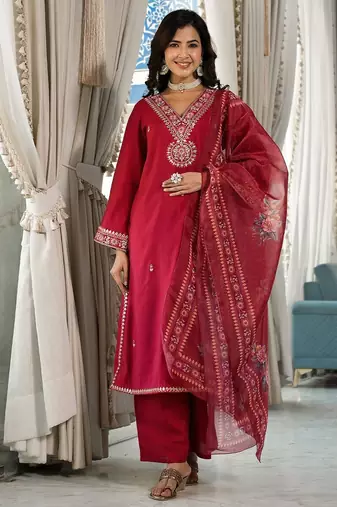 Ethnic Motifs Zari Embroidered Mirror Work Straight Kurta With Trousers & Dupatta