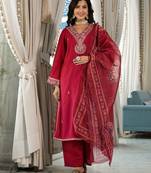 Ethnic Motifs Zari Embroidered Mirror Work Straight Kurta With Trousers & Dupatta