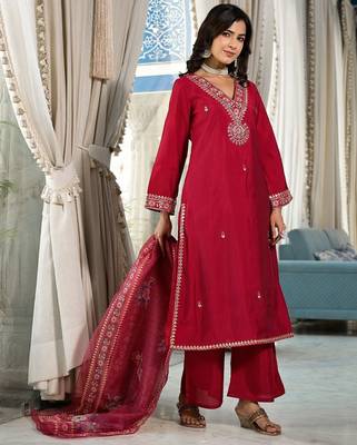 Ethnic Motifs Zari Embroidered Mirror Work Straight Kurta With Trousers & Dupatta 5