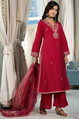 Ethnic Motifs Zari Embroidered Mirror Work Straight Kurta With Trousers & Dupatta
