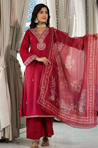 Ethnic Motifs Zari Embroidered Mirror Work Straight Kurta With Trousers & Dupatta