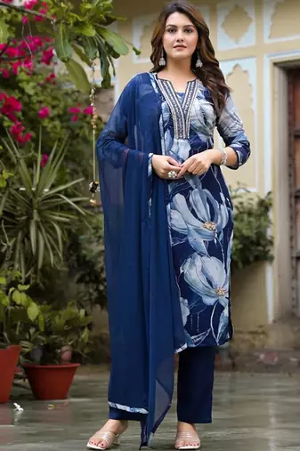 Floral Sequin & Pearl Embroidered Straight Kurta Paired With Trousers & Dupatta