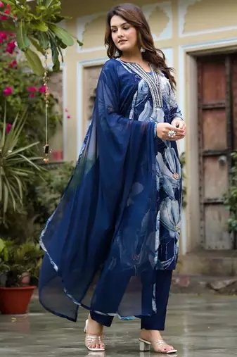 Floral Sequin & Pearl Embroidered Straight Kurta Paired With Trousers & Dupatta
