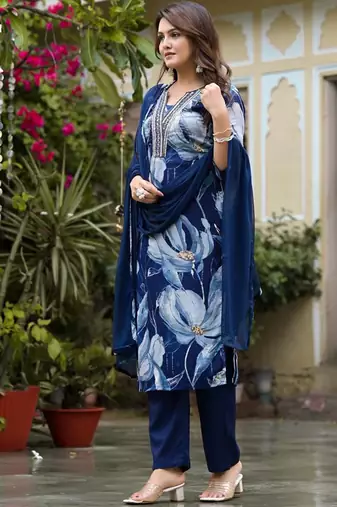 Floral Sequin & Pearl Embroidered Straight Kurta Paired With Trousers & Dupatta
