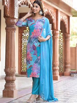 Floral Printed Round Neck Mirror Embroidered Straight Kurta Set With Dupatta 1