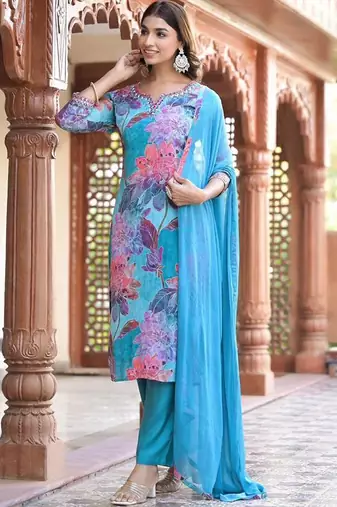 Floral Printed Round Neck Mirror Embroidered Straight Kurta Set With Dupatta