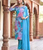 Floral Printed Round Neck Mirror Embroidered Straight Kurta Set With Dupatta