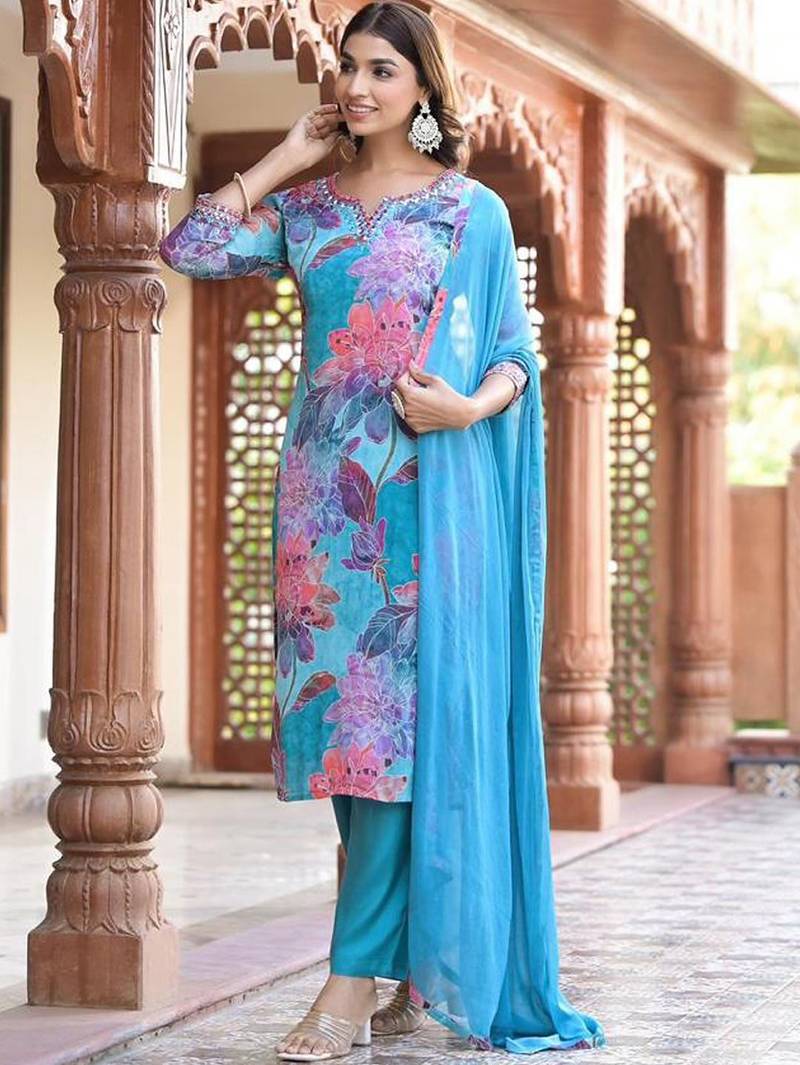 Floral Printed Round Neck Mirror Embroidered Straight Kurta Set With Dupatta