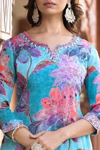 Floral Printed Round Neck Mirror Embroidered Straight Kurta Set With Dupatta