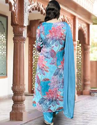 Floral Printed Round Neck Mirror Embroidered Straight Kurta Set With Dupatta 3