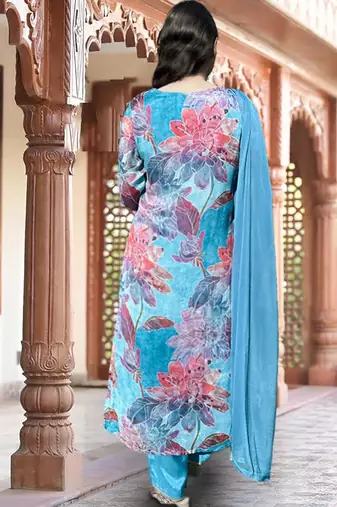 Floral Printed Round Neck Mirror Embroidered Straight Kurta Set With Dupatta