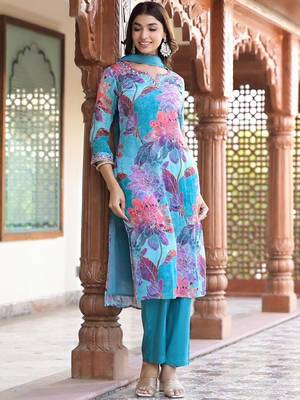 Floral Printed Round Neck Mirror Embroidered Straight Kurta Set With Dupatta 4
