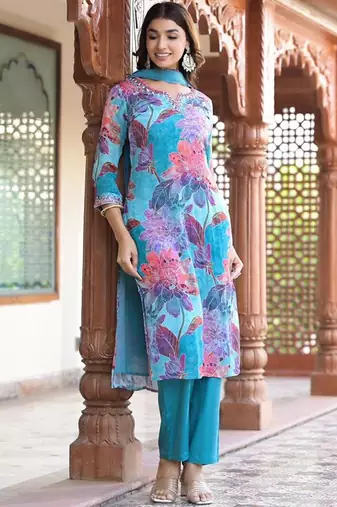 Floral Printed Round Neck Mirror Embroidered Straight Kurta Set With Dupatta