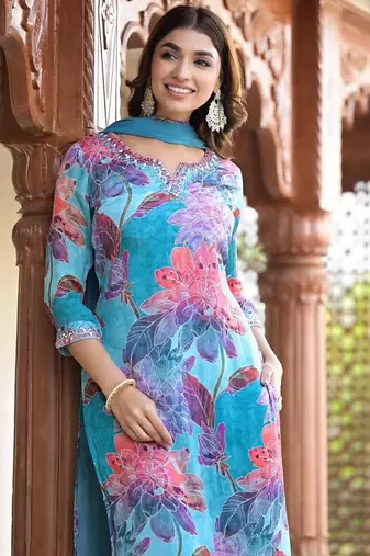 Floral Printed Round Neck Mirror Embroidered Straight Kurta Set With Dupatta