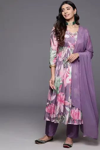 Floral Printed Empire Beads & Stones Pure Silk Kurta with Trousers & Dupatta