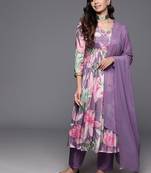 Floral Printed Empire Beads & Stones Pure Silk Kurta with Trousers & Dupatta