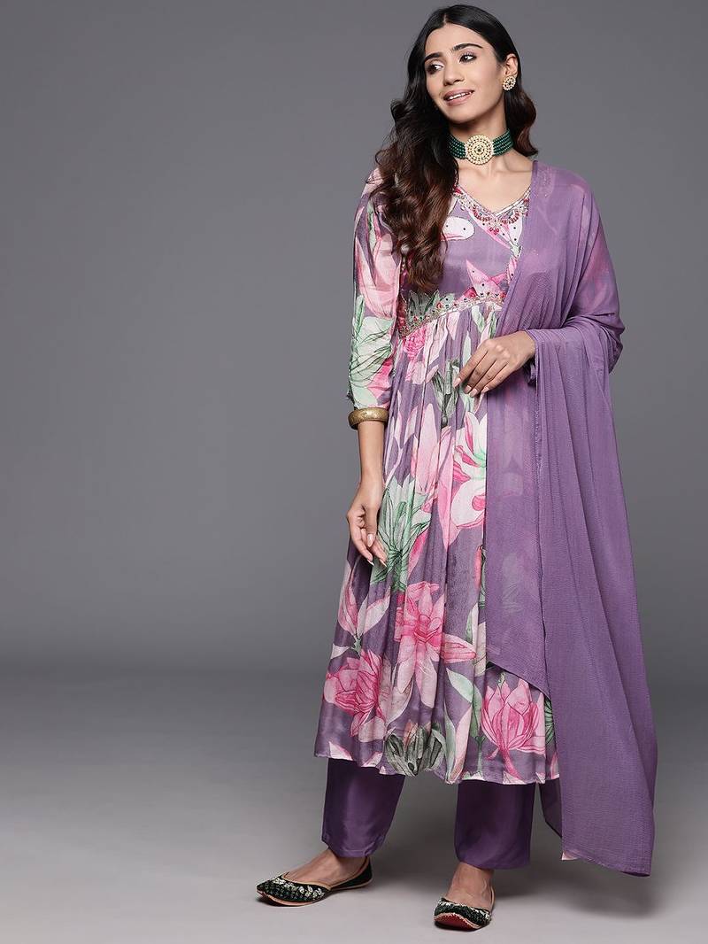 Floral Printed Empire Beads & Stones Pure Silk Kurta with Trousers & Dupatta