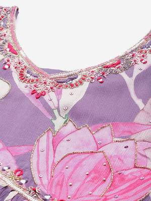 Floral Printed Empire Beads & Stones Pure Silk Kurta with Trousers & Dupatta 2