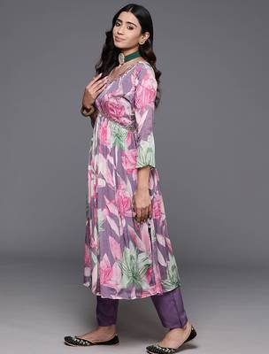 Floral Printed Empire Beads & Stones Pure Silk Kurta with Trousers & Dupatta 5