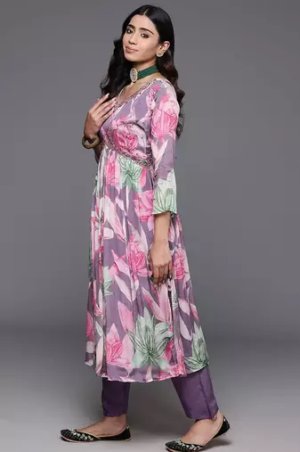 Floral Printed Empire Beads & Stones Pure Silk Kurta with Trousers & Dupatta