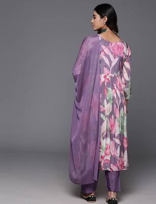 Floral Printed Empire Beads & Stones Pure Silk Kurta with Trousers & Dupatta 6