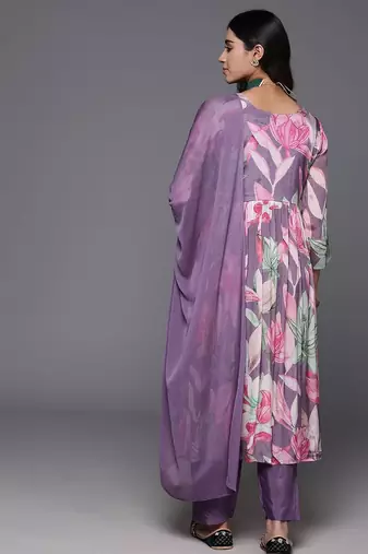 Floral Printed Empire Beads & Stones Pure Silk Kurta with Trousers & Dupatta