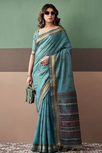 Sky blue soft cotton casual & festive wear saree