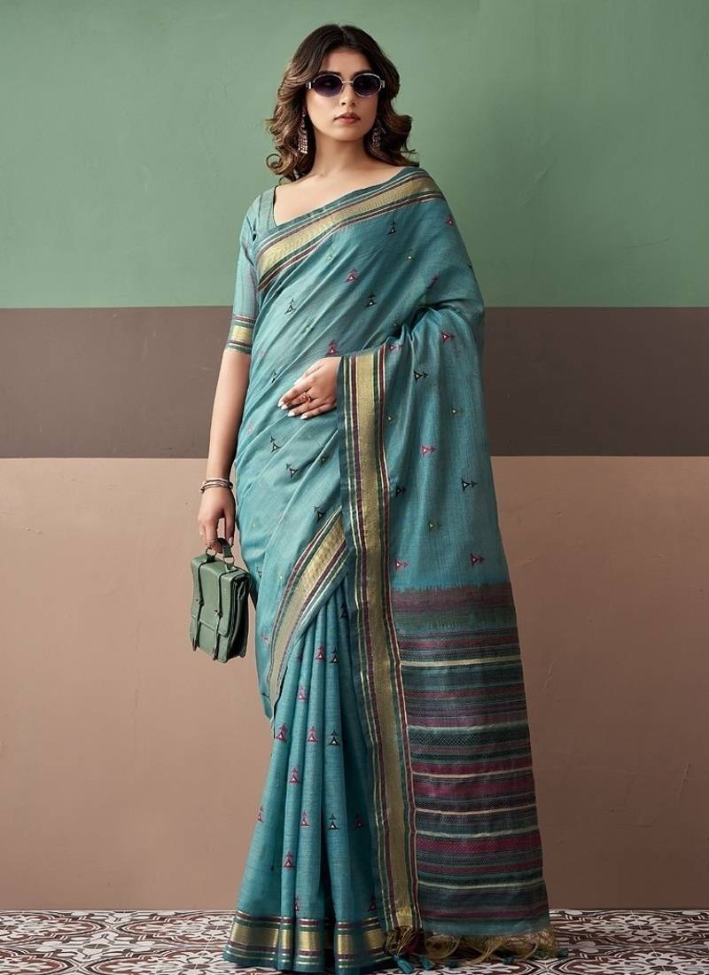 Sky blue soft cotton casual & festive wear saree