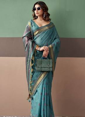 Sky blue soft cotton casual & festive wear saree 2