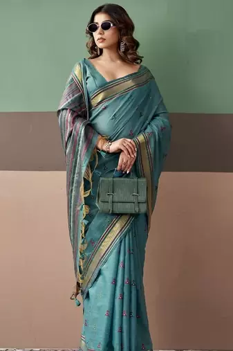 Sky blue soft cotton casual & festive wear saree