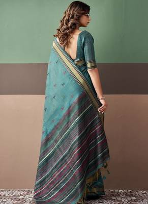 Sky blue soft cotton casual & festive wear saree 3
