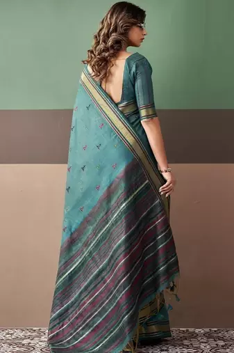 Sky blue soft cotton casual & festive wear saree