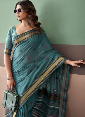 Sky blue soft cotton casual & festive wear saree 4