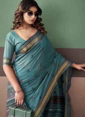 Sky blue soft cotton casual & festive wear saree 5