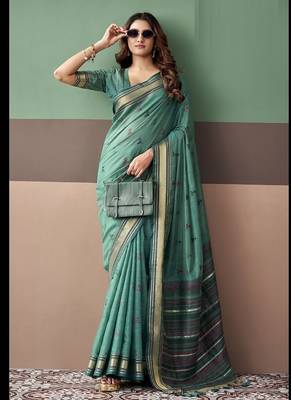 Peacock green soft cotton casual & festive wear saree 1