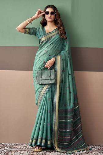 Peacock green soft cotton casual & festive wear saree