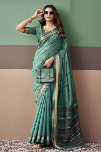 Peacock green soft cotton casual & festive wear saree