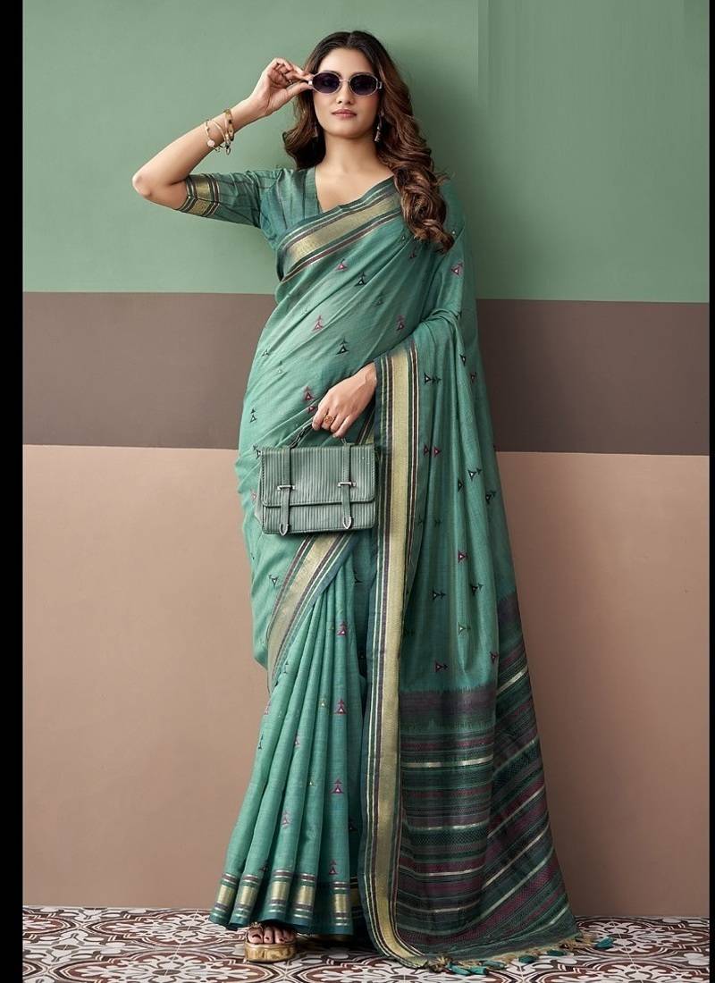 Peacock green soft cotton casual & festive wear saree