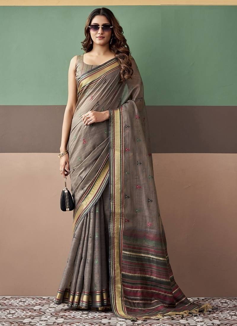 Gray soft cotton casual & festive wear saree