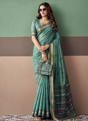 Peacock green soft cotton casual & festive wear saree 2