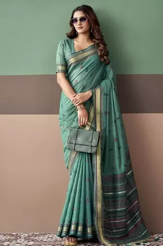 Peacock green soft cotton casual & festive wear saree