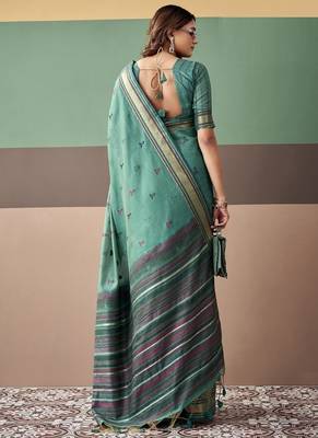 Peacock green soft cotton casual & festive wear saree 3