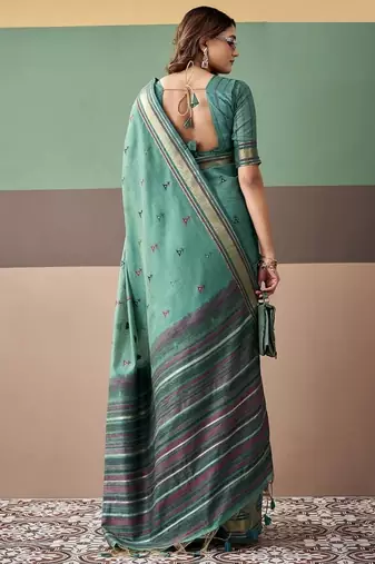 Peacock green soft cotton casual & festive wear saree