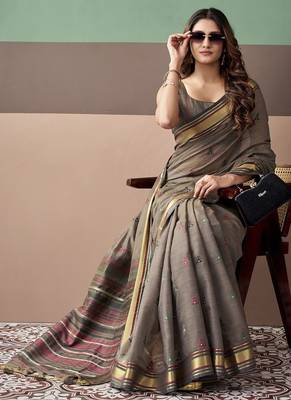 Gray soft cotton casual & festive wear saree 4