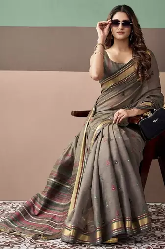 Gray soft cotton casual & festive wear saree