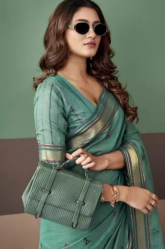 Peacock green soft cotton casual & festive wear saree